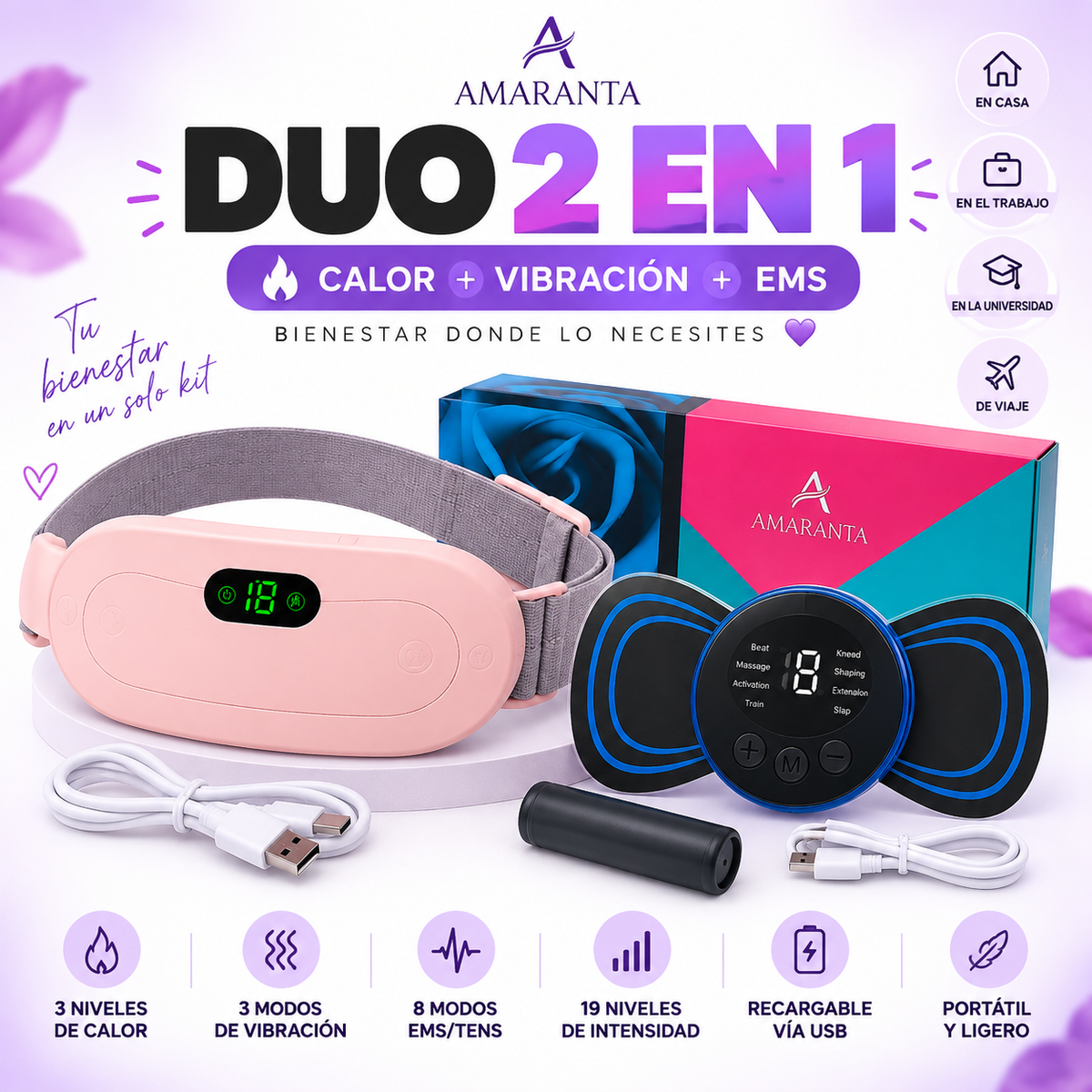 AMARANTA DUO CONFORT 2 EN 1 — Cinturón Térmico + Masajeador EMS