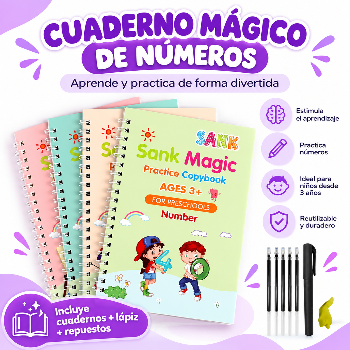 ✏️ Set de Caligrafía Mágica Reutilizable – 4 Libros