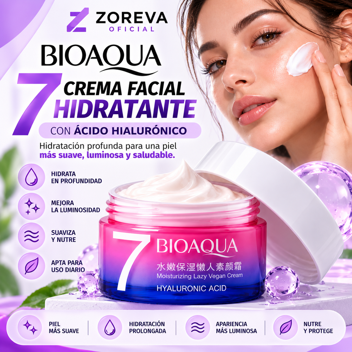 💜 Crema Facial Hidratante Bioaqua con Ácido Hialurónico