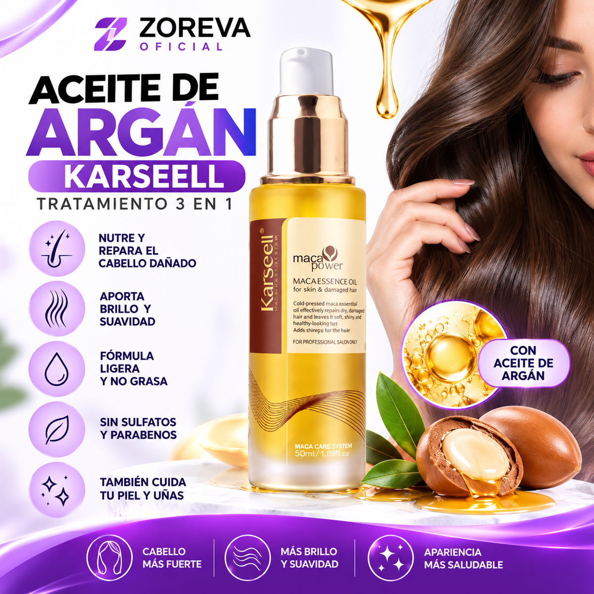 ✨ Aceite de Argán Karseell – Tratamiento 3 en 1